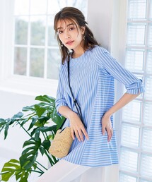 Tiaclasse ブラウス シャツ リボンスリーブストライプチュニック