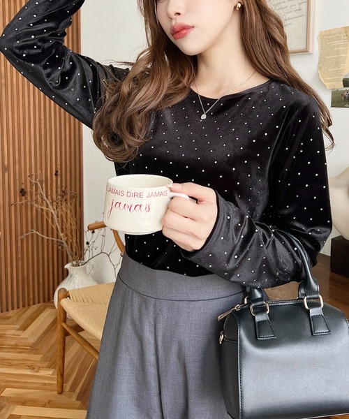 moment+ tシャツ ラインストーンシャイニーベロアトップス レディース