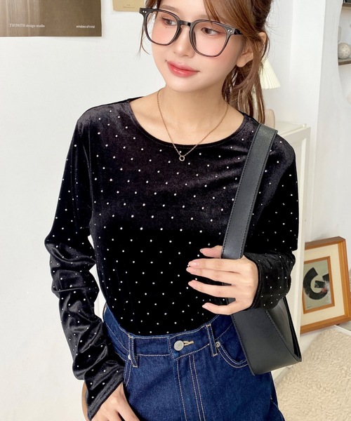 moment+ tシャツ ラインストーンシャイニーベロアトップス レディース