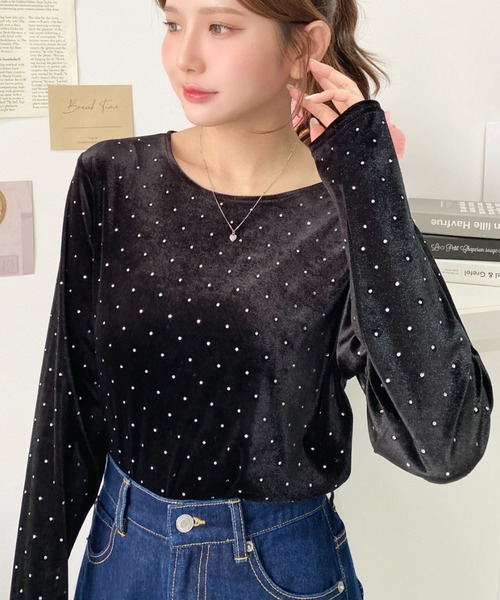 moment+ tシャツ ラインストーンシャイニーベロアトップス レディース