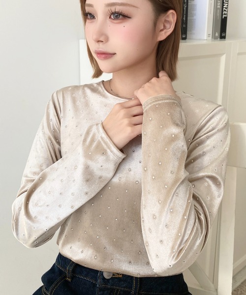 moment+ tシャツ ラインストーンシャイニーベロアトップス レディース