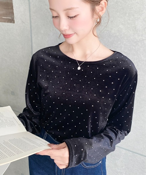 moment+ tシャツ ラインストーンシャイニーベロアトップス レディース