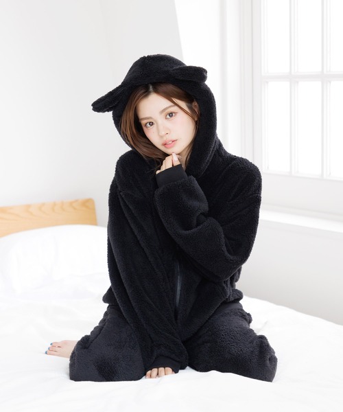 ブラックタートルネックルームウェア 猫耳ポケット付き パジャマレディース ルームウェア 猫耳 コート 春夏新作 純綿ガーゼ