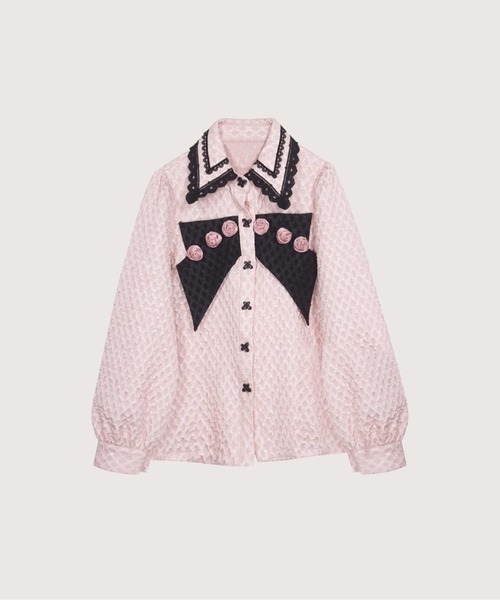 ブラウス シャツ フレンチフラワーアップリケピンクシャツ French Flower Applique Pink Shirt レディース