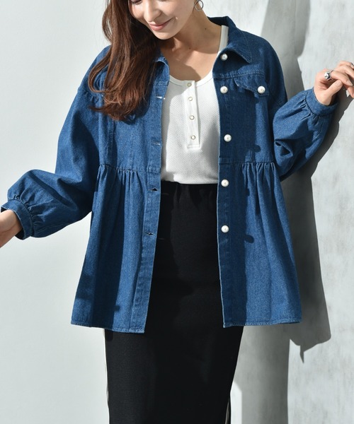 ジャケット Gジャン ギャザーペプラムデニムジャケット レディース セール】オーバーサイズギャザーペプラムデニムジャケット