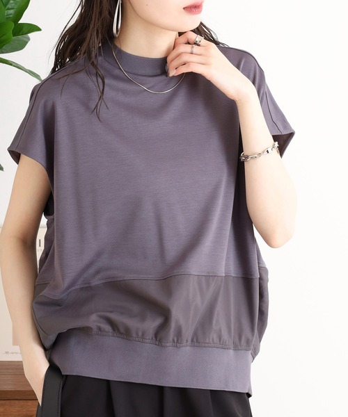 tシャツ EGLANTINE バックタックデザインTシャツ 素材切り替え 裾シアーカットソー レディース