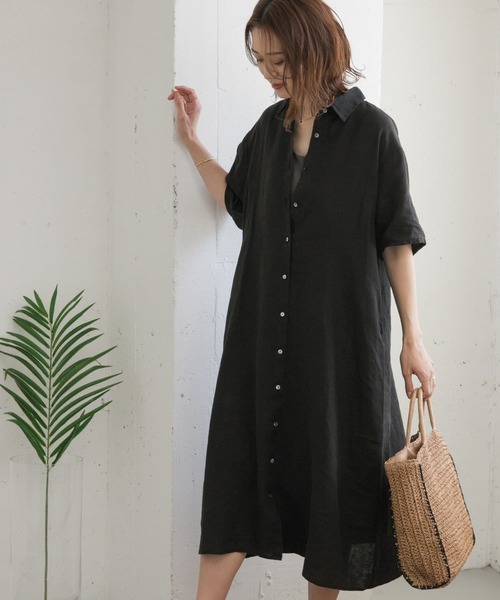 【新品】MB 定価16,280円 長袖シャツワンピース リネン混 総刺繍 黒 URBAN RESEARCH DOORS ワンピース 「WEB/一部店舗限定カラー