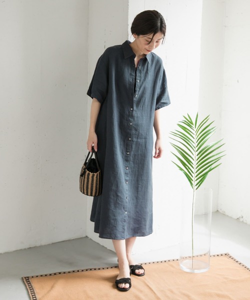 美品　アーバンリサーチドアーズ　半袖リネンワンピース　ブルー　one　麻100% 美品 アーバンリサーチドアーズ 半袖リネンワンピース ブルー