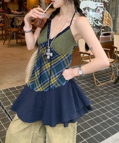 キャミソール YUGA_YGMC　 Back-open check pattern camisole dress