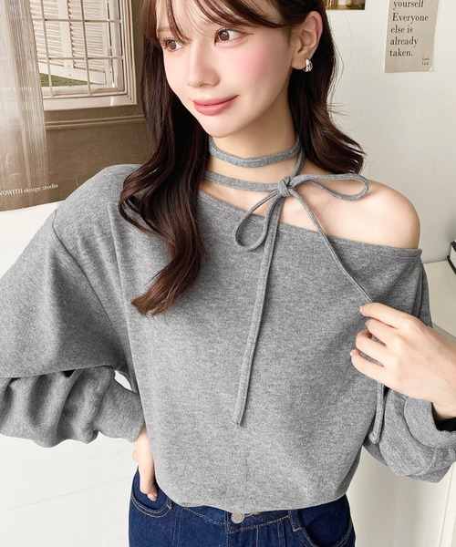 moment+ tシャツ ストラップチョーカーネックリボンアシメワン