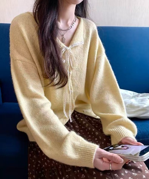 AsRiRe カーディガン リボンタイデザインカーディガン レディース