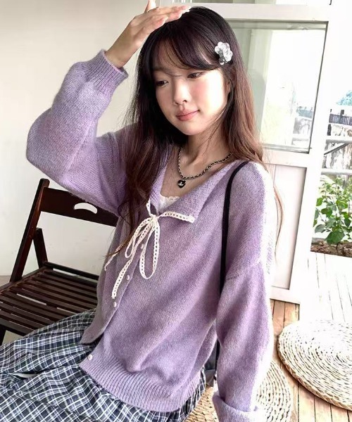 AsRiRe カーディガン リボンタイデザインカーディガン レディース