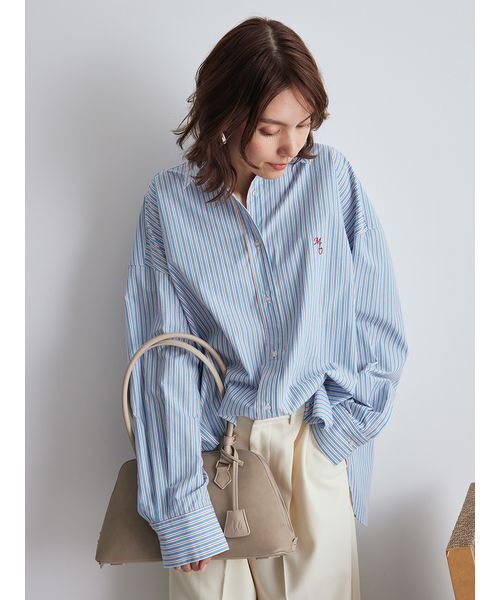 超美品　ミラオーウェン　ブルー　ストライプ長袖シャツ　長袖ブラウス　コットン Mila Owen - 超美品 ミラオーウェン ネイビーストライプ 長袖シャツ 綿