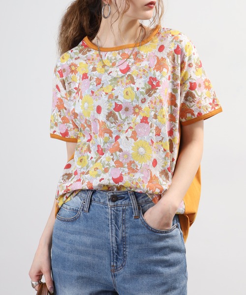 tシャツ 半袖 BRODIAEA 総花柄切り替え半袖Tシャツ カラフル 日本製