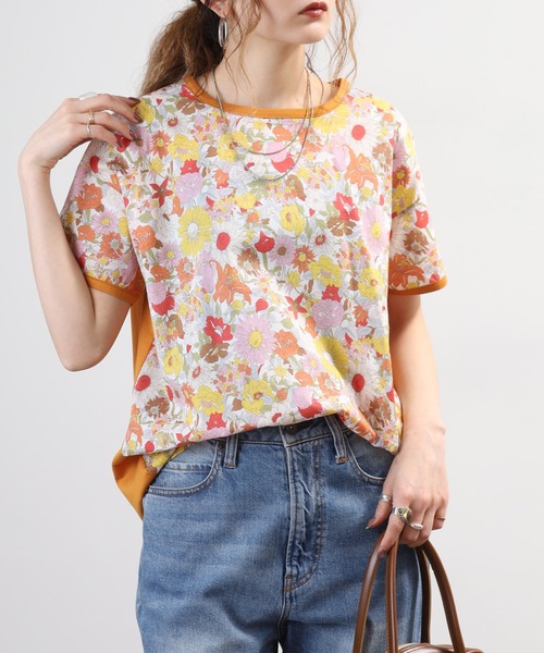 tシャツ 半袖 BRODIAEA 総花柄切り替え半袖Tシャツ カラフル 日本製