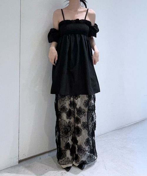 ワンピース 「Narcissus」オフショルフラワーワンピース シアー シャーリング レイヤード風