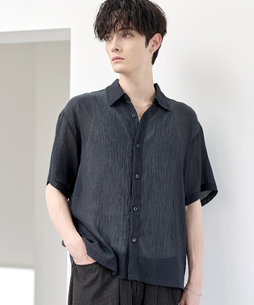 STONE  リネン 半袖シャツ ASTRONOMY シャツ 半袖 リネンカシミヤ ミックス ワッシャーシャツ