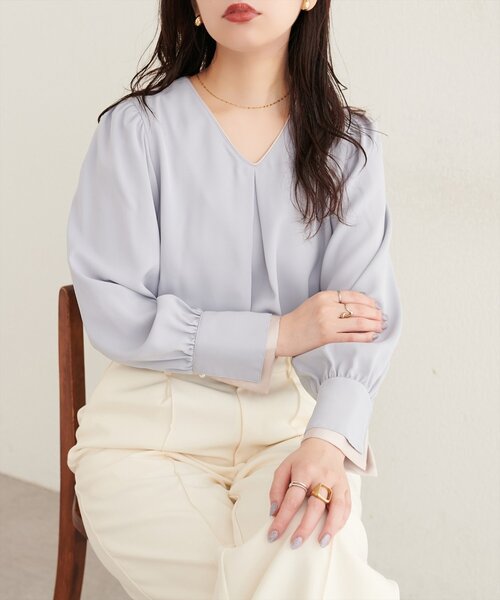 長袖ブラウス フリルネック カフス配色 ブラック×ホワイト natural couture ブラウス シャツ 「osono」配色Wカフスブラウス