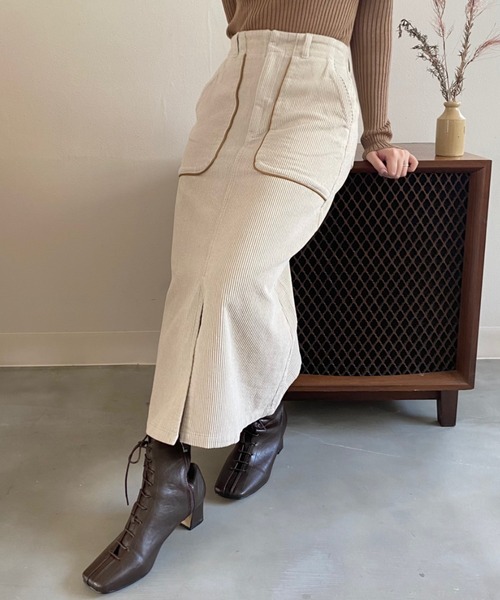 スカート 現品限りアイテム コーデュロイロイレザーパイピングフレアロングスカート ウエストゴム Zozotown Paypayモール店 通販 Paypayモール