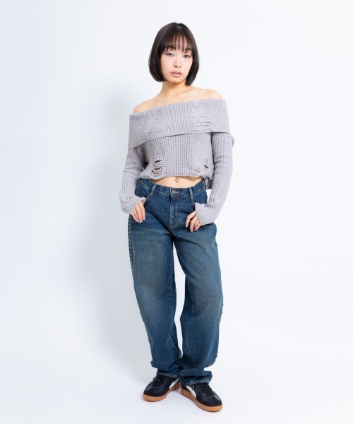 ニット セーター atmos pink ダメージ オフショル ニットトップス レディース atmos girls ニット セーター pink ダメージ オフショル ニット