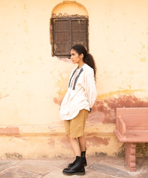 sara mallika サラマリカ ブラウス 七分袖 コットン トップス Sara mallika サラマリカ ブラウス Cotton Border Gather Lace