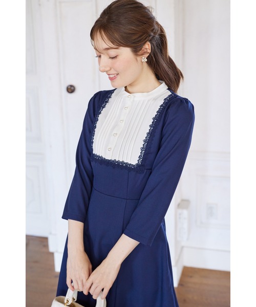 tocco closet ワンピース ヨークレース切替レースアップ長袖ワンピース