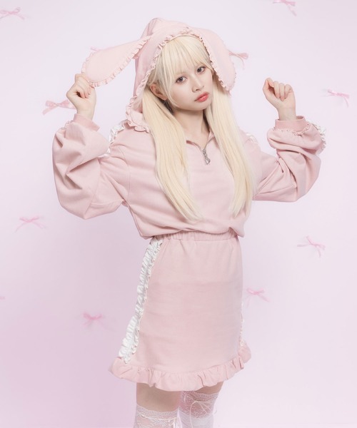 レア メゾピアノ ミミちゃん 140 ワンピース うさ耳パーカー ピンク ロゴ DearMyLoveRose ワンピース うさ耳レースアップパーカー