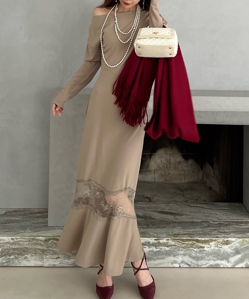 ROYAL PARTY ワンピース レース切替ドレープドレス : ZOZOTOWN Yahoo  