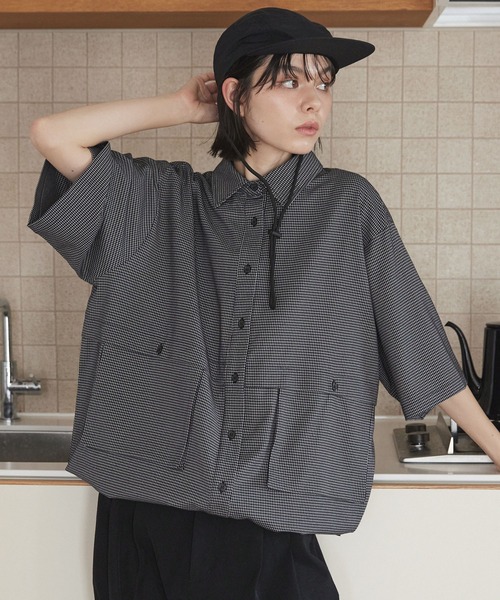 ブラウス シャツ 「UNISEX」チェックドローコードシャツ レディース メンズ ブラウス シャツ ビッグシルエット ダブルポケット ドローコード