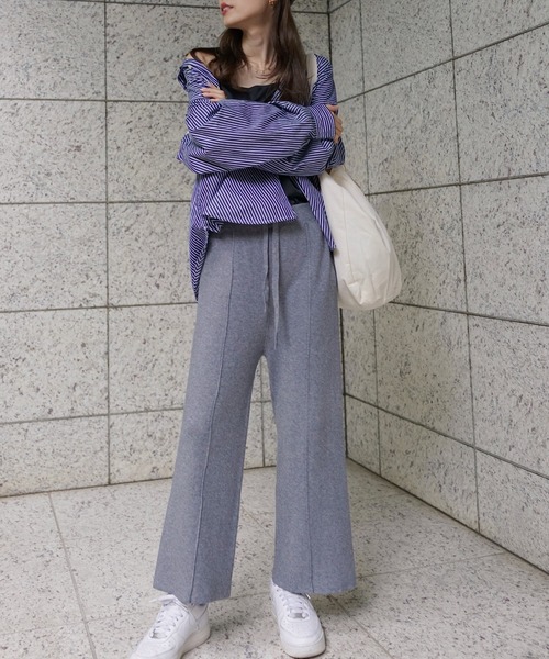 ワイドパンツ パンツ センタープリーツニットワイドパンツ レディース
