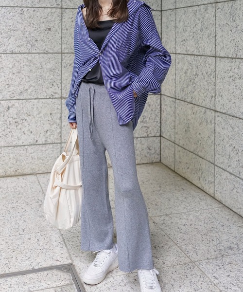 ワイドパンツ パンツ センタープリーツニットワイドパンツ レディース