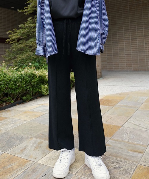 ワイドパンツ パンツ センタープリーツニットワイドパンツ レディース