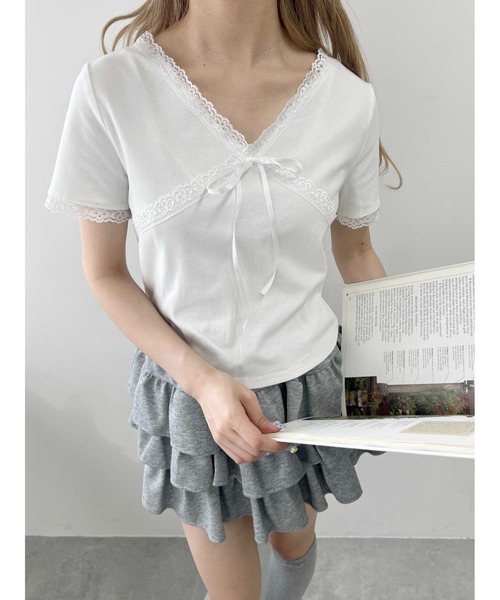 AD2022 23SS リボン装飾Tシャツ 白 tシャツ 「PHILLY」カットアウトWリボンTシャツ レディース