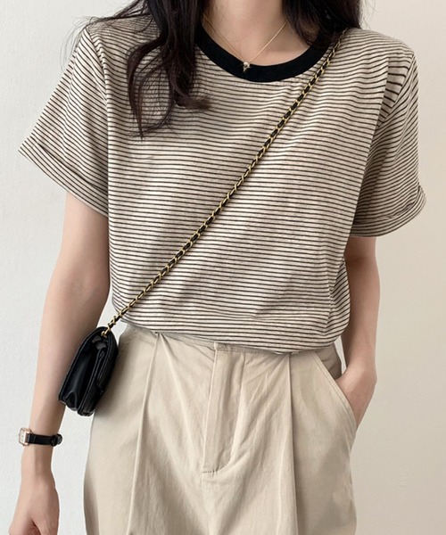 tシャツ ロールアップ半袖ボーダーカットソー レディース