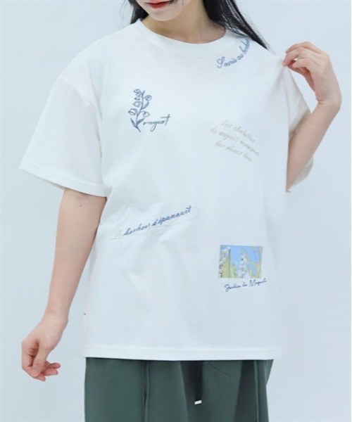 美品 Tシャツ 半袖 ラインストーン 刺繍 ラメ ブルー 青 M L XL TRIANGLE PALETTE tシャツ パイル刺繍半袖Tシャツ レディース