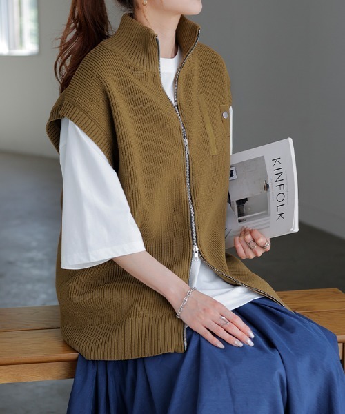 HUG.U（ハグユー） ベスト ジレ スポンジニットZIPベスト レディース