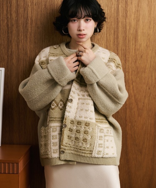 ジャケット ノーカラージャケット jacquard patchwork wool knit coat