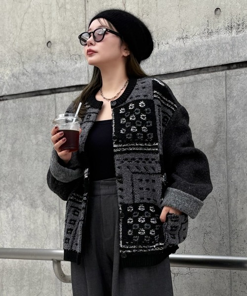 ジャケット ノーカラージャケット jacquard patchwork wool knit coat