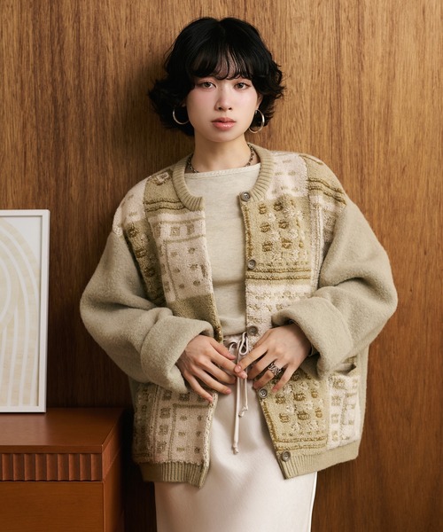 ジャケット ノーカラージャケット jacquard patchwork wool knit coat