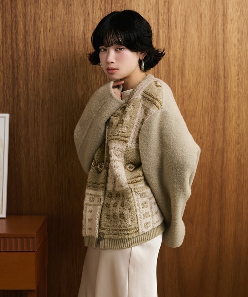パッチワークウールコート ジャケット ノーカラージャケット jacquard patchwork wool knit coat