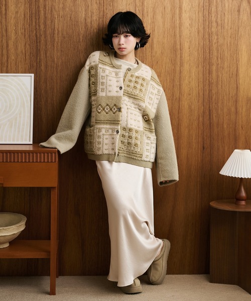 ジャケット ノーカラージャケット jacquard patchwork wool knit coat