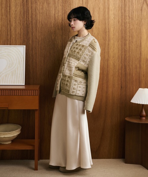 ジャケット ノーカラージャケット jacquard patchwork wool knit coat