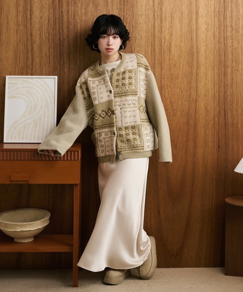 ☆新品☆ M.＆Kyoko ジャガード柄ニットコート ジャケット ノーカラージャケット jacquard patchwork wool knit coat