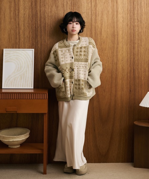 ジャケット ノーカラージャケット jacquard patchwork wool knit coat