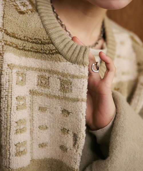 ジャケット ノーカラージャケット jacquard patchwork wool knit coat