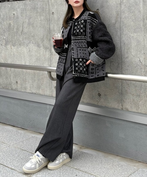 ジャケット ノーカラージャケット jacquard patchwork wool knit coat