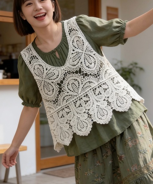 SHOUYO ベスト ジレ ナチュラルに着映えるかぎ編み風レースビスチェ