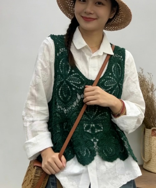 SHOUYO ベスト ジレ ナチュラルに着映えるかぎ編み風レースビスチェ