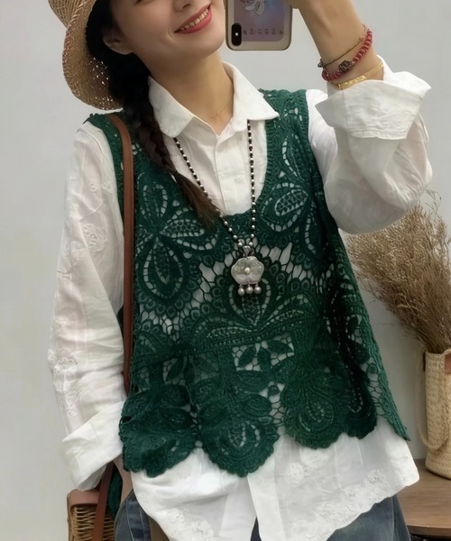 美品✨ L'Appartement Lisiere レースジレ ベスト カーキ SHOUYO ベスト ジレ ナチュラルに着映えるかぎ編み風レースビスチェ