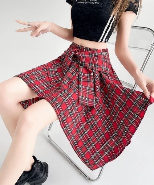 H.jelly チェック柄　巻きスカート付フリルスカート lilful スカート 「26年春夏新作」チェック柄 レイヤード巻きスカート